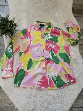 Haver London Colorful Floral Flowy Button-Down Maximalist Statement Blouse, M